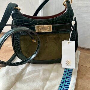 NEW IN BOX TORY BURCH LEE RADZIWILL KELP GREEN CROSSBODY CROC LEATHER SUEDE $658